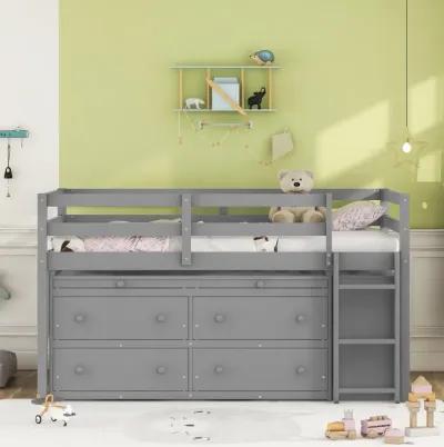 Wooden Loft Bed with Desk and Shelves