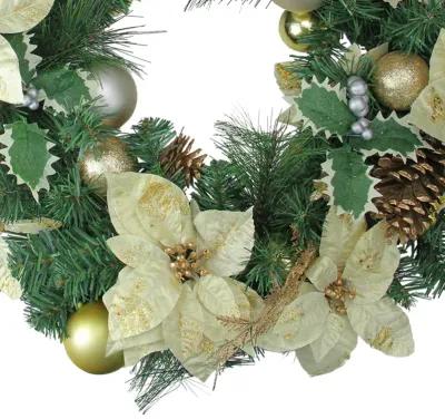 White Poinsettia and Pine Cone Artificial Christmas Wreath - 24-Inch  Unlit