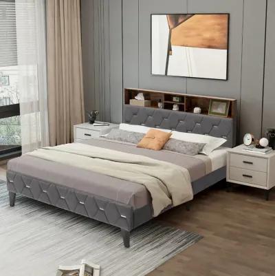 Full/Queen Size Upholstered Bed Frame with Storage Headboard