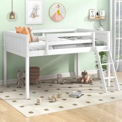 Twin Size Wood Low Loft Bed With Ladder, Ladder Can Be Placed On The Left Or Right, White