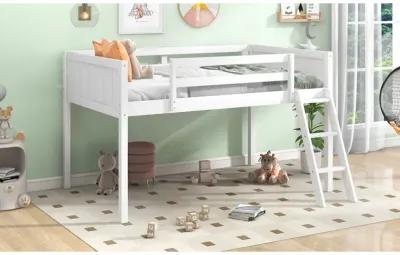 Twin Size Wood Low Loft Bed With Ladder, Ladder Can Be Placed On The Left Or Right, White