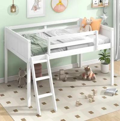 Twin Size Wood Low Loft Bed With Ladder, Ladder Can Be Placed On The Left Or Right, White