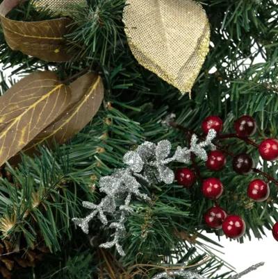 28" Mixed Pine Berry and Poinsettia Artificial Christmas Teardrop Swag - Unlit