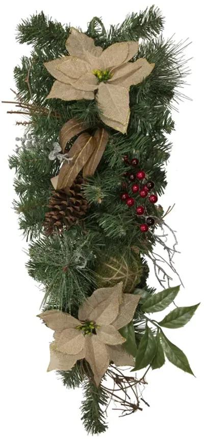 28" Mixed Pine Berry and Poinsettia Artificial Christmas Teardrop Swag - Unlit