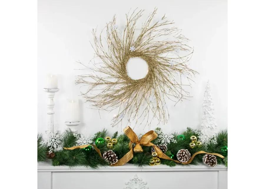 28" Pre-lit Gold Glittered Artificial Twig Christmas Wreath  Warm White LED Lights