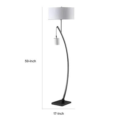 Jiya 59 Inch Arc Floor Lamp, Hanging Design, 2 White Drum Shades, Black - Benzara