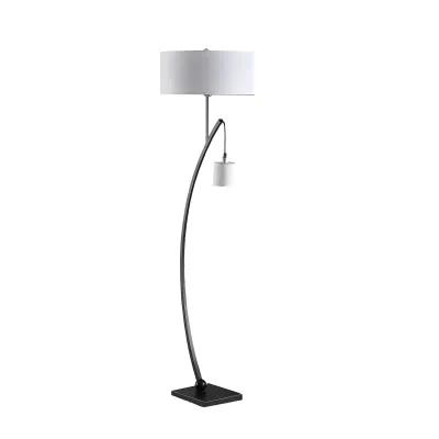 Jiya 59 Inch Arc Floor Lamp, Hanging Design, 2 White Drum Shades, Black - Benzara