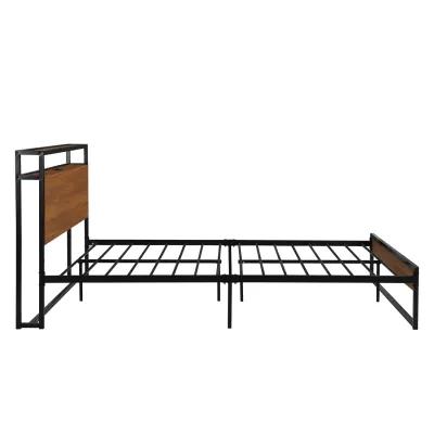 Queen Size Metal Platform Bed Frame with Sockets, USB Ports and Slat Support, No Box Spring Needed