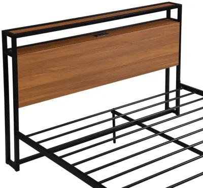 Queen Size Metal Platform Bed Frame with Sockets, USB Ports and Slat Support, No Box Spring Needed