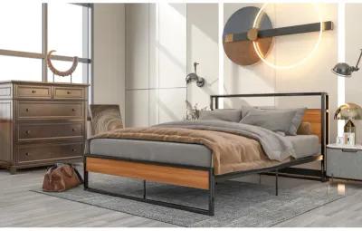 Queen Size Metal Platform Bed Frame with Sockets, USB Ports and Slat Support, No Box Spring Needed