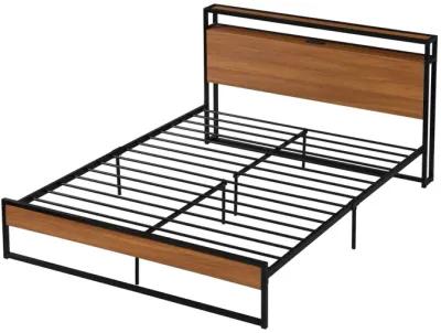 Queen Size Metal Platform Bed Frame with Sockets, USB Ports and Slat Support, No Box Spring Needed