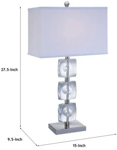 28 Inch Table Lamp, Crystal Stand, White Rectangular Shade, Metal, Clear -Benzara