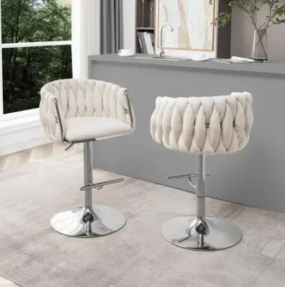 Velvet Upholstered barstool in Cream with Silver color base (SET OF 2)