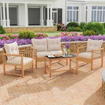 4 Pieces Outdoor Patio PE Wicker Conversation Bistro Set with Acacia Wood Frame-Brown