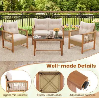 4 Pieces Outdoor Patio PE Wicker Conversation Bistro Set with Acacia Wood Frame-Brown