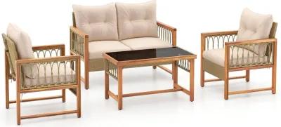 4 Pieces Outdoor Patio PE Wicker Conversation Bistro Set with Acacia Wood Frame-Brown