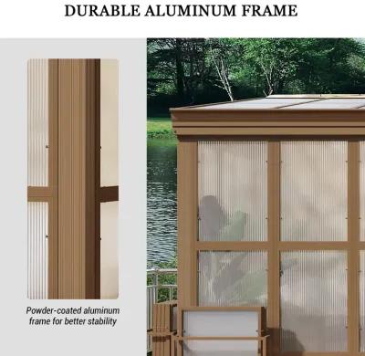 MONDAWE Aluminum Lean to Sunroom 12x16FT, Wall Mounted Solarium with Sloping Polycarbonate Roof and Screens, 2 Lockable Sliding Doors