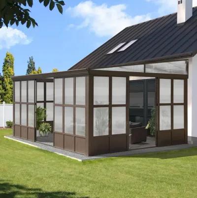 MONDAWE Aluminum Lean to Sunroom 12x16FT, Wall Mounted Solarium with Sloping Polycarbonate Roof and Screens, 2 Lockable Sliding Doors