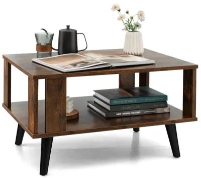 Compact Retro Mid-Century Coffee Table with Storage Open Shelf-Rustic Brown