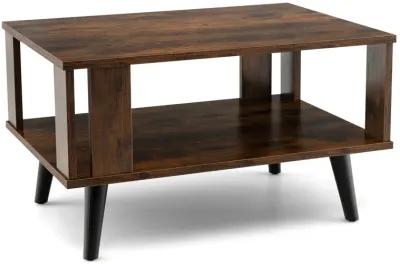 Compact Retro Mid-Century Coffee Table with Storage Open Shelf-Rustic Brown