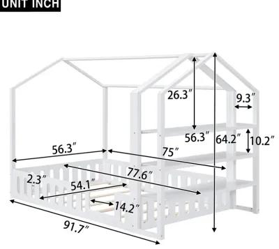 Full Size Wood House Bed With Fence And Detachable Storage Shelves