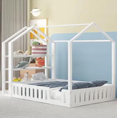 Full Size Wood House Bed With Fence And Detachable Storage Shelves