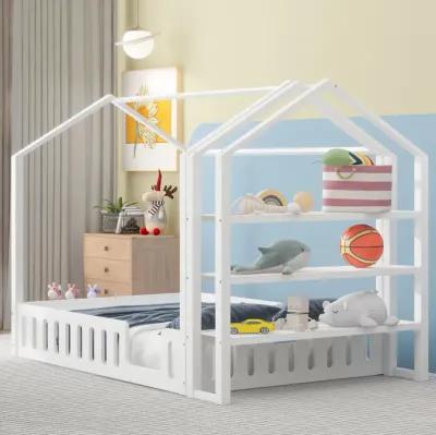 Full Size Wood House Bed With Fence And Detachable Storage Shelves