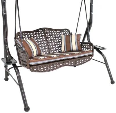 Sunnydaze 2-Person Steel Patio Swing Bench with Canopy/Cushion - Brown