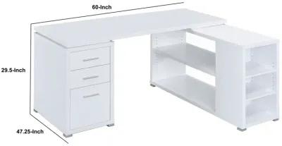 Contemporary L Shaped Office Desk with 3 Drawers and Shelves, White-Benzara