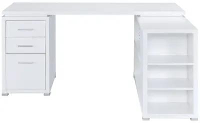 Contemporary L Shaped Office Desk with 3 Drawers and Shelves, White-Benzara