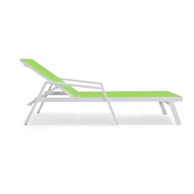 LeisureMod Marlin Patio Chaise Lounge Chair With Armrests in White Aluminum Frame