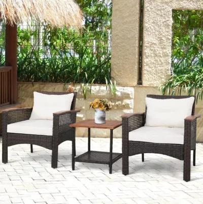 3 Pieces Patio Rattan Furniture Set with Acacia Wood Tabletop