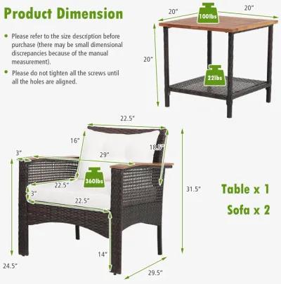 3 Pieces Patio Rattan Furniture Set with Acacia Wood Tabletop