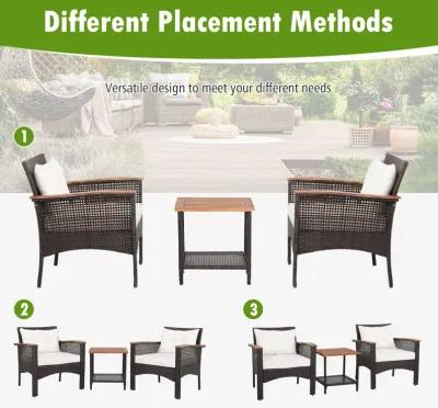 3 Pieces Patio Rattan Furniture Set with Acacia Wood Tabletop