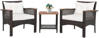 3 Pieces Patio Rattan Furniture Set with Acacia Wood Tabletop