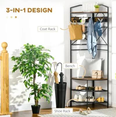 Rustic Brown Corner Organizer: Industrial Hall Tree with Shoe Bench