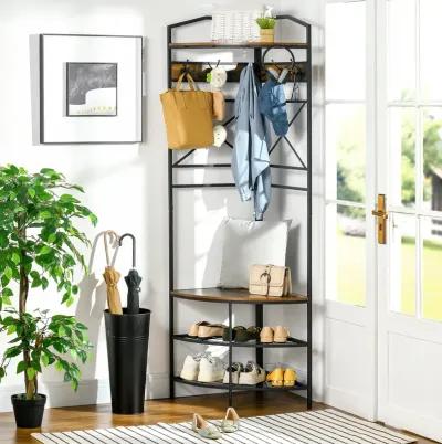 Rustic Brown Corner Organizer: Industrial Hall Tree with Shoe Bench