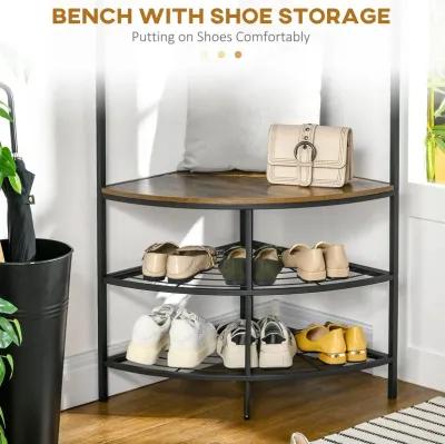 Rustic Brown Corner Organizer: Industrial Hall Tree with Shoe Bench