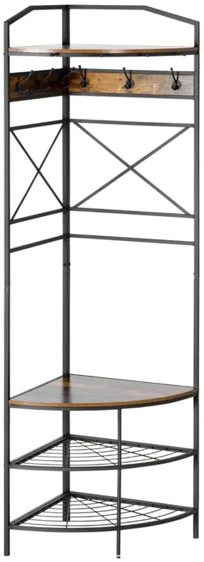 Rustic Brown Corner Organizer: Industrial Hall Tree with Shoe Bench