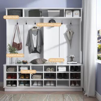 63 in. W White Wood 3-in-1 Hall Tree Coat Rack Shoe Storage Bench with 6-Metal Double Hooks, Shoe Rack and Shelves