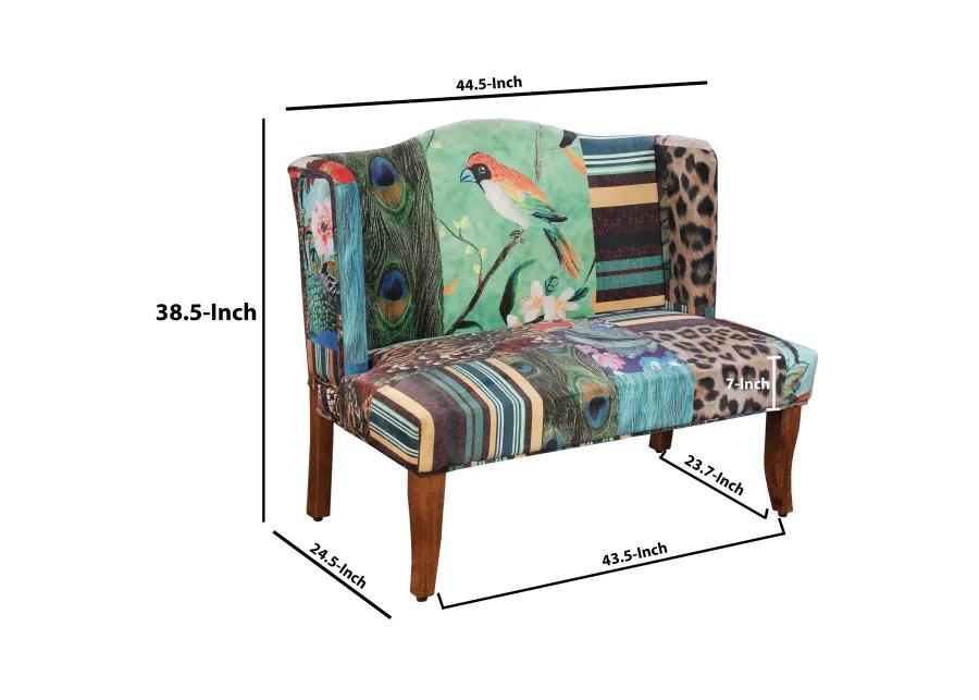 46 Inch Settee Loveseat Bench, Handcrafted Wingback Design, Bird Collage Print Velvet Fabric, Multicolor - Benzara