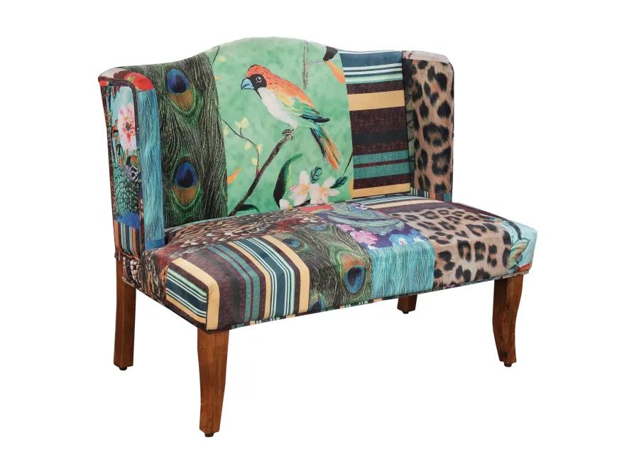 46 Inch Settee Loveseat Bench, Handcrafted Wingback Design, Bird Collage Print Velvet Fabric, Multicolor - Benzara