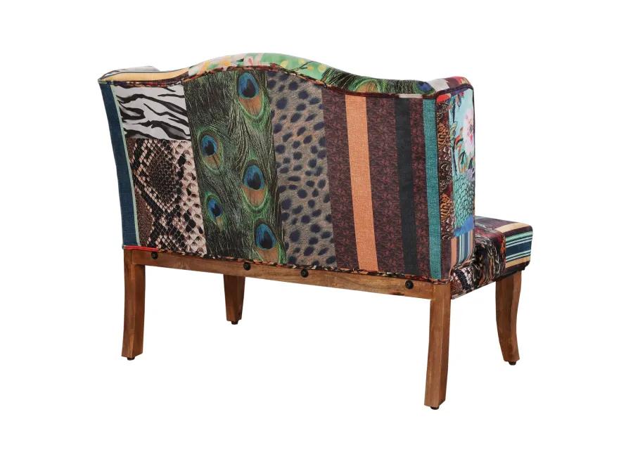 46 Inch Settee Loveseat Bench, Handcrafted Wingback Design, Bird Collage Print Velvet Fabric, Multicolor - Benzara