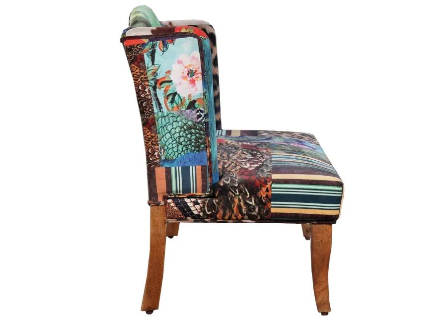 46 Inch Settee Loveseat Bench, Handcrafted Wingback Design, Bird Collage Print Velvet Fabric, Multicolor - Benzara