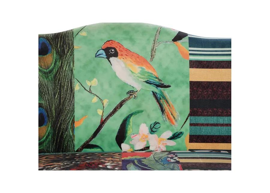 46 Inch Settee Loveseat Bench, Handcrafted Wingback Design, Bird Collage Print Velvet Fabric, Multicolor - Benzara