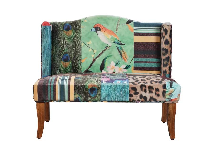 46 Inch Settee Loveseat Bench, Handcrafted Wingback Design, Bird Collage Print Velvet Fabric, Multicolor - Benzara