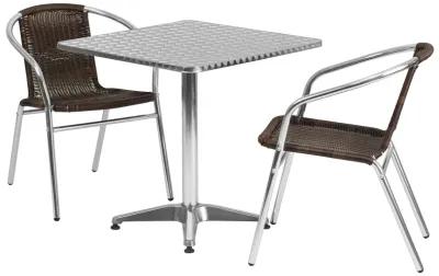 Flash Furniture 27.5'' Square Aluminum Indoor-Outdoor Table Set with 2 Dark Brown Rattan Chairs