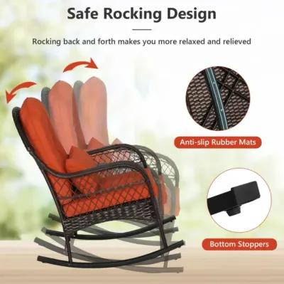 Hivvago Patio Rattan Rocking Chair with Seat Back Cushions and Waist Pillow