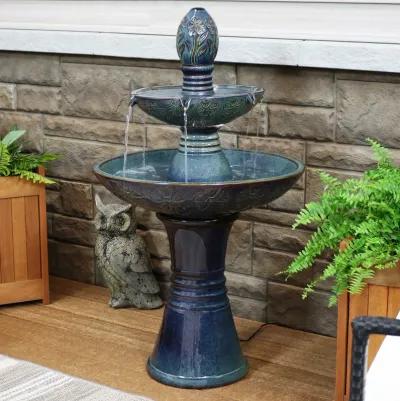 Sunnydaze Double Tier Ceramic Outdoor 2-Tier Water Fountain with Lights