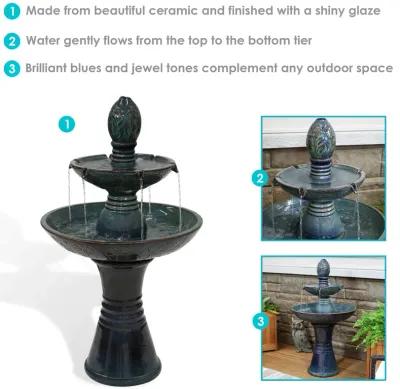 Sunnydaze Double Tier Ceramic Outdoor 2-Tier Water Fountain with Lights